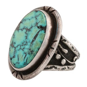 Vintage Navajo Sterling Tufa Cast Turquoise Ring Sz 10