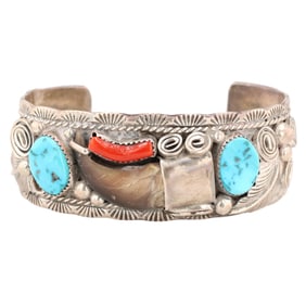 Mike Thomas Jr Navajo Sterling Bear Claw Turquoise Coral Cuff Bracelet