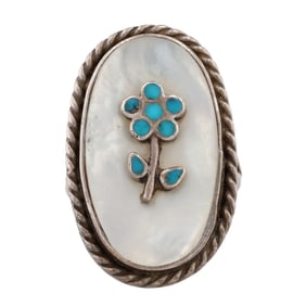 Charlotte Bradley Zuni Sterling Raised Inlay Flower Ring Sz 7.75