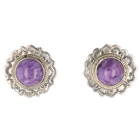 Navajo Sterling Hand Stamped Charoite Earrings