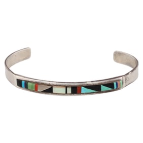 Hand Signed Zuni Sterling Multi Stone Inlay Cuff Bracelet