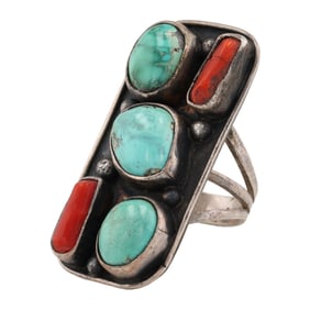 Vintage Navajo Sterling Turquoise Coral Ring Sz 7