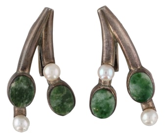 Rare Antonio Pineda Mexico Sterling Pearl and Jade Earrings