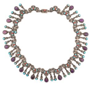 Stunning! Los Ballesteros Taxco Sterling Turquoise Amethyst Coral MATL/Baroque Necklace