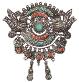 MATL Matilde Poulat Sterling 'Doves' Turquoise Amethyst Coral Brooch