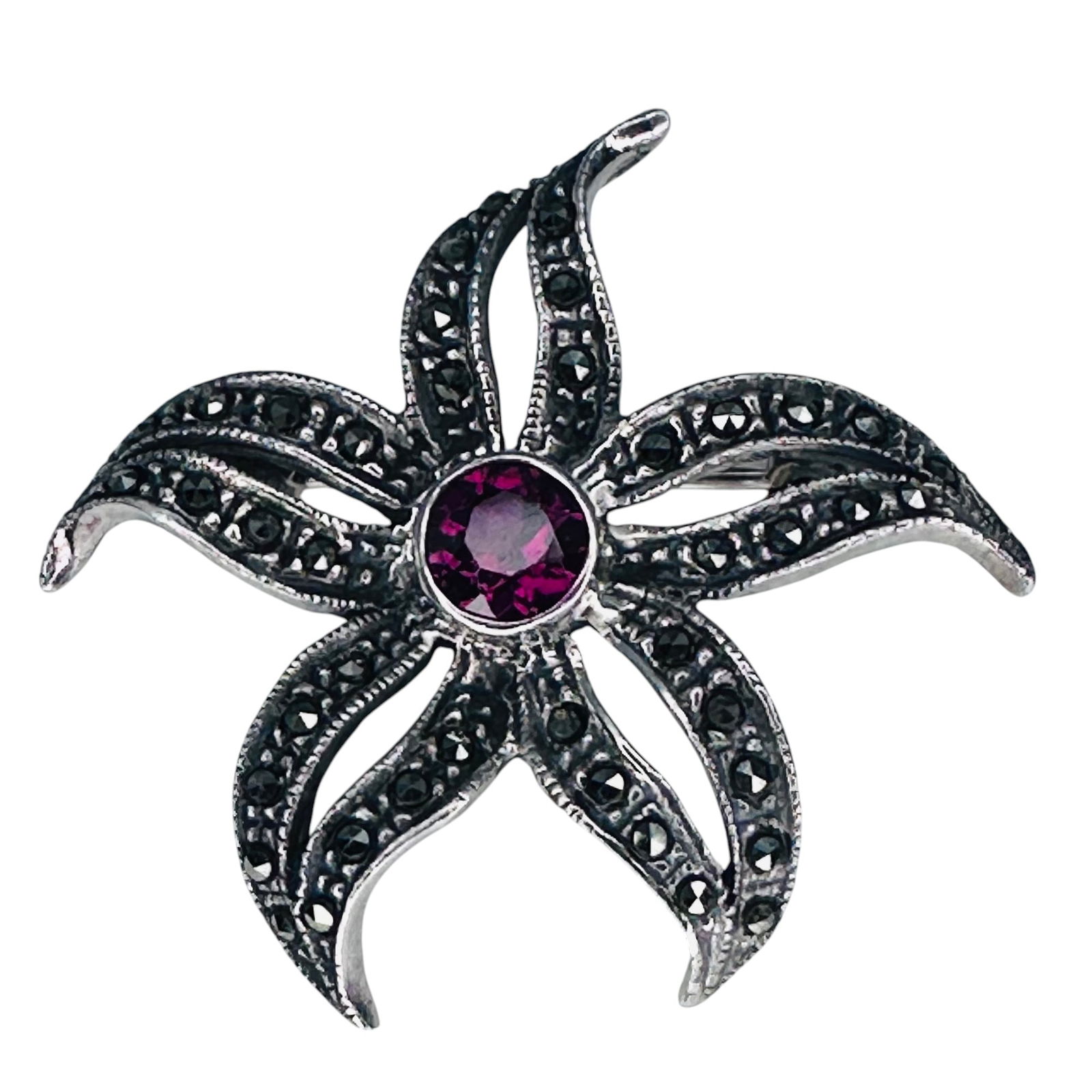 A, TOURMALINE, MARCASITE Sterling Silver Flower Pin 4.85 G (1 of 4)