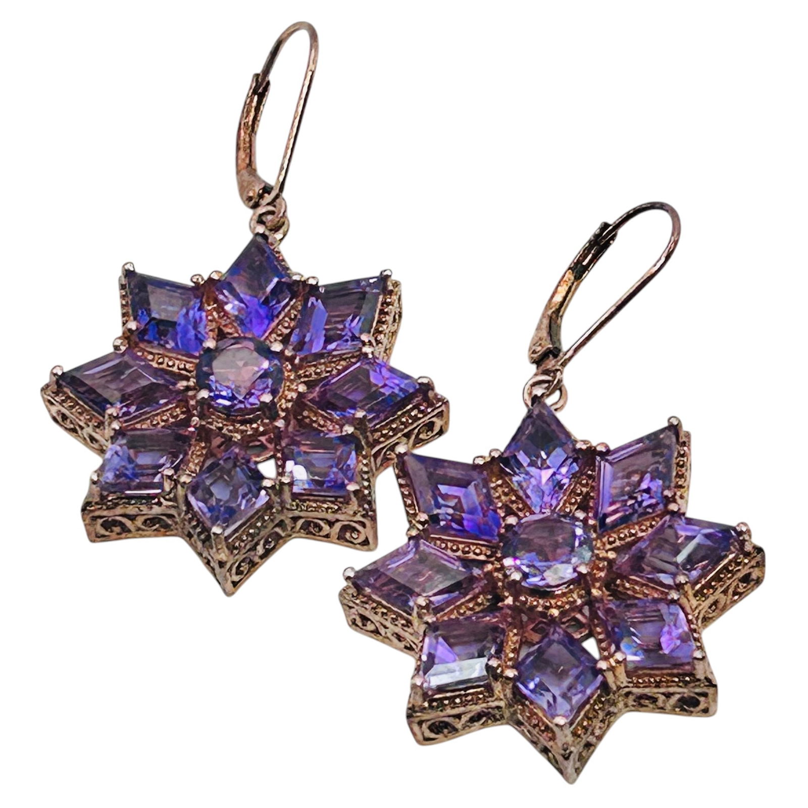 STS Amethyst Sterling Silver Rose Gold Colored Hinge Earrings 13.71 G (1 of 6)