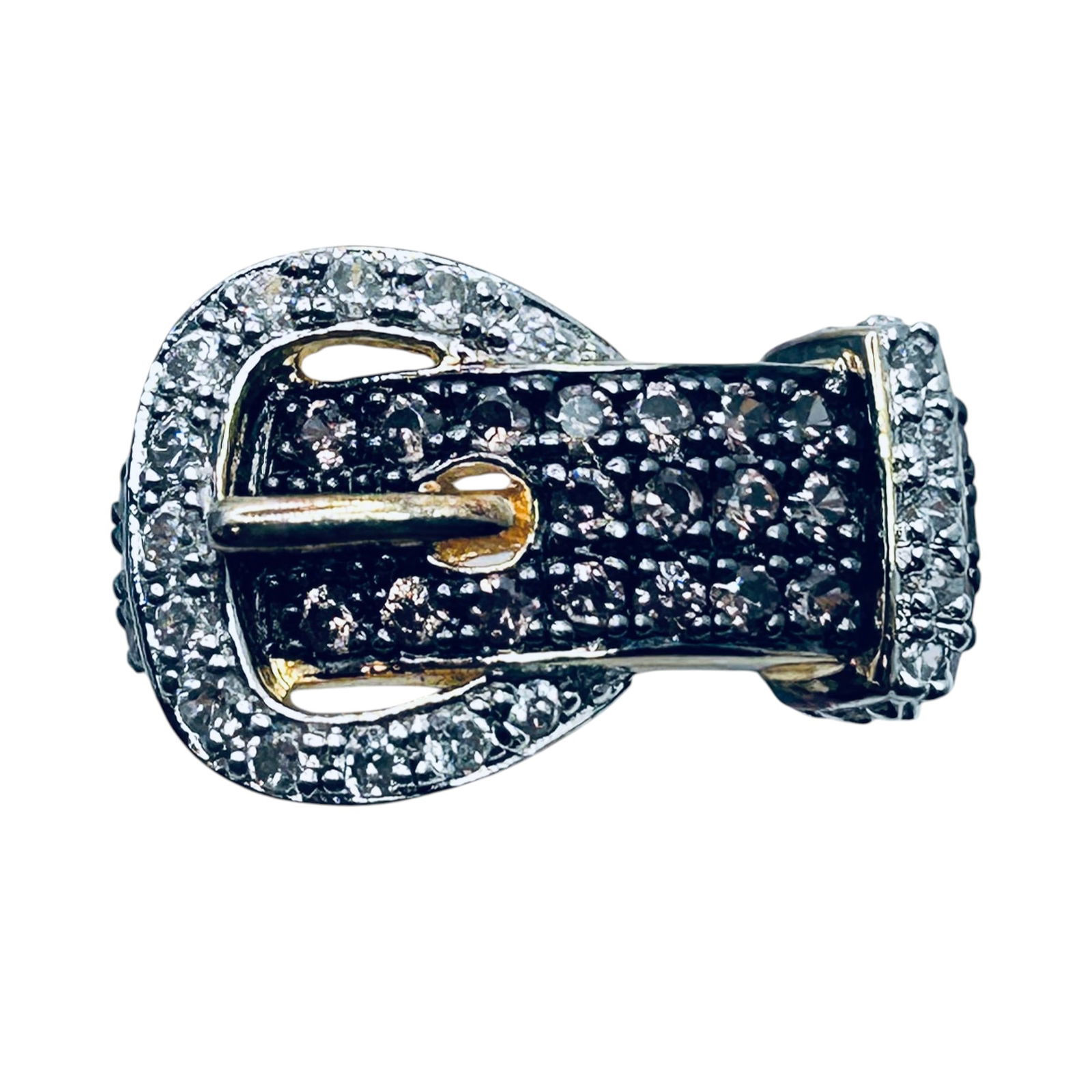 R, Cubic Zirconium Sterling Silver, Gold Colored Belt Buckle Ring. Size 8. 5.89 G. (1 of 5)