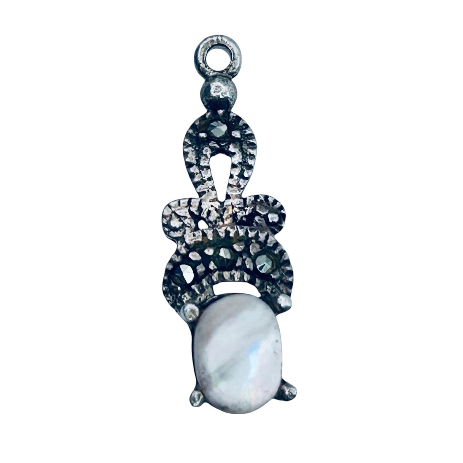 Mother Of Pearl With Marcasite Sterling Silver Pendant. 1.27 G. Unknown Mark. (1 of 4)