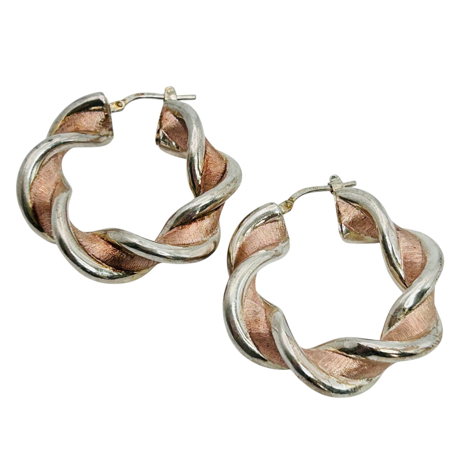 MILOR Italy, Sterling, Silver Twisted Hoops, Rose Gold Toned 9.32 G: MILOR Italy Sterling silver twisted hoops rose gold toned 9.32 g