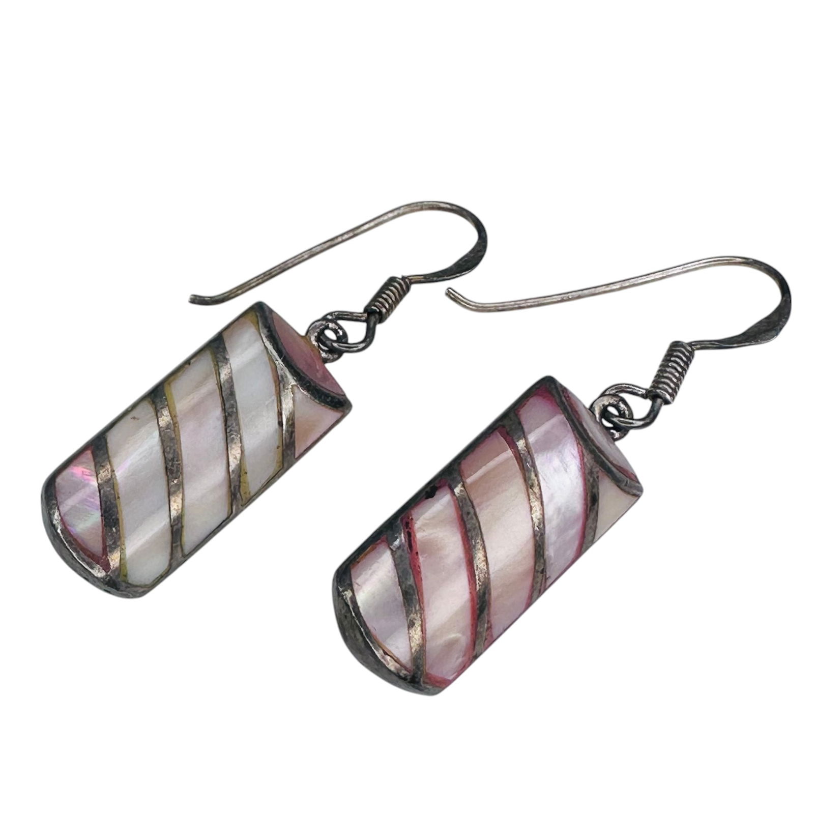 Mother Of Pearl Sterling Silver Striped Dangle Earrings. 3.08 G. (1 of 5)