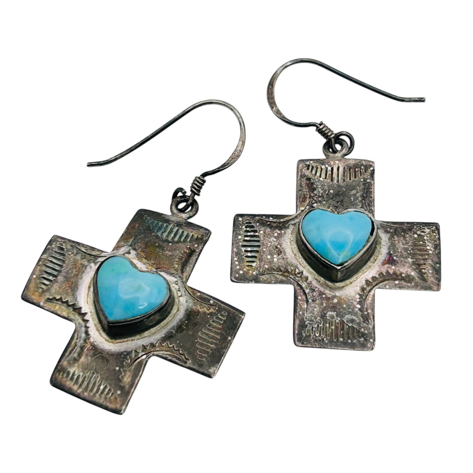Sterling Silver Turquoise Heart Cross Dangle Earrings 5.4g (1 of 6)