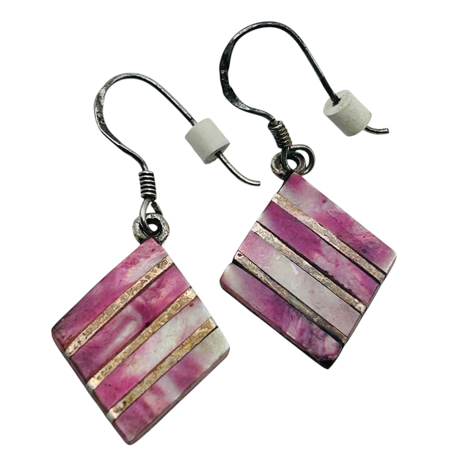 Sterling Silver Inlaid Pink Stone Dangle Earrings 5.42g (1 of 5)