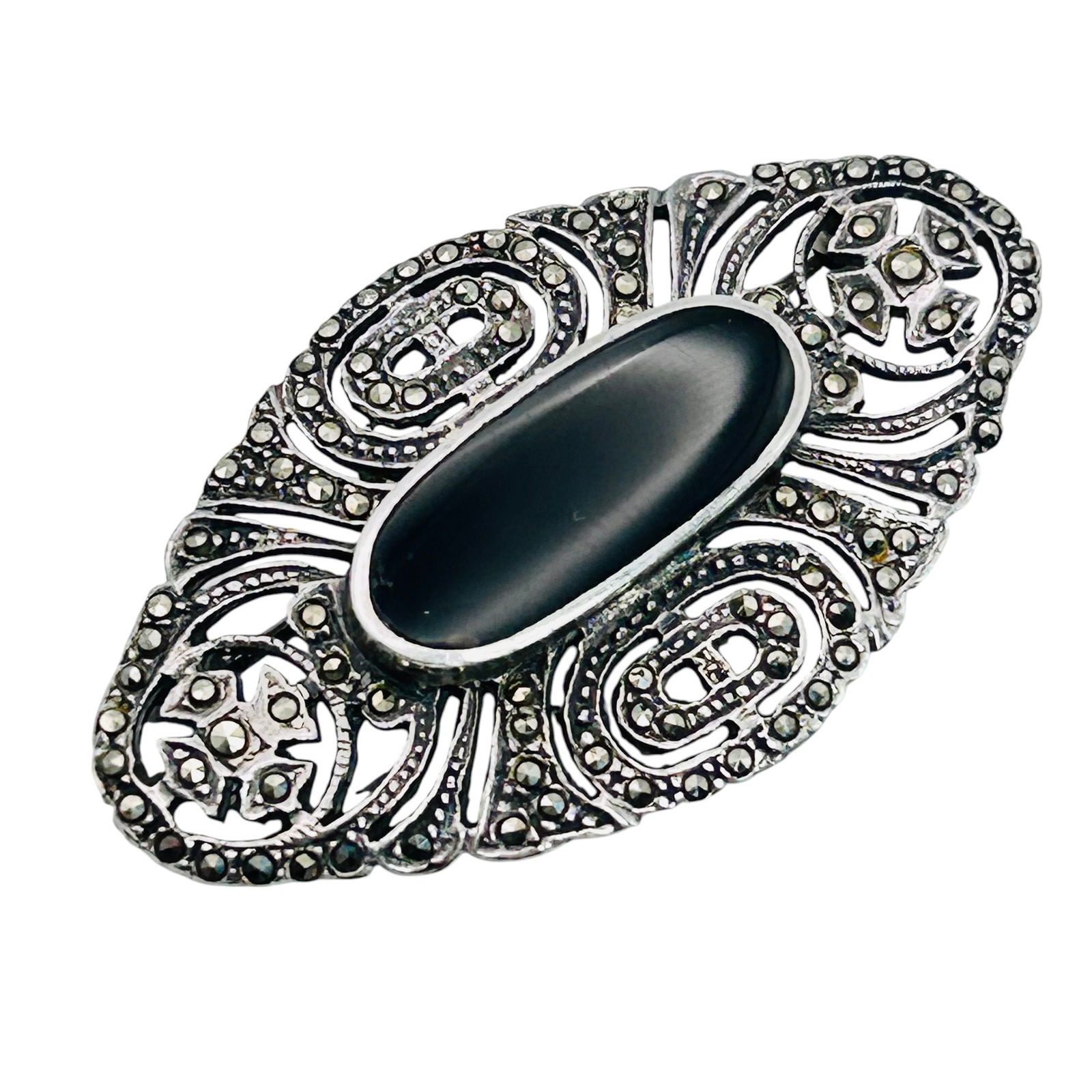PM Vintage ONYX And MARCASITE Sterling Silver Brooch 9.21 G: PM vintage ONYX and MARCASITE Sterling silver brooch 9.21 g