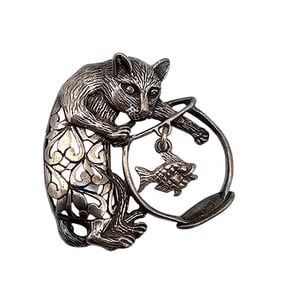 Signed Sterling Silver Fish Bowl Cat Brooch 8.9 G