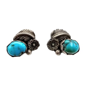 Navajo Turquoise Sterling Silver Floral Earrings 2 G