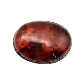 Vintage Amber Sterling Silver Oval Brooch 16.4 G