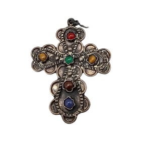 Mexico TM-2?? Multi Stone Sterling Silver Cross Pendant 7.1 G