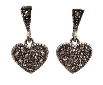 Marcasite Sterling Silver Heart Drop Dangle Earrings 2.6 G