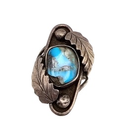 Navajo Turquoise Sterling Silver Leaf Design Ring Size 7.5 8.6 G