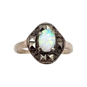 Marcasite Opal Sterling Silver Cocktail Ring Size 8.75 3.2 G