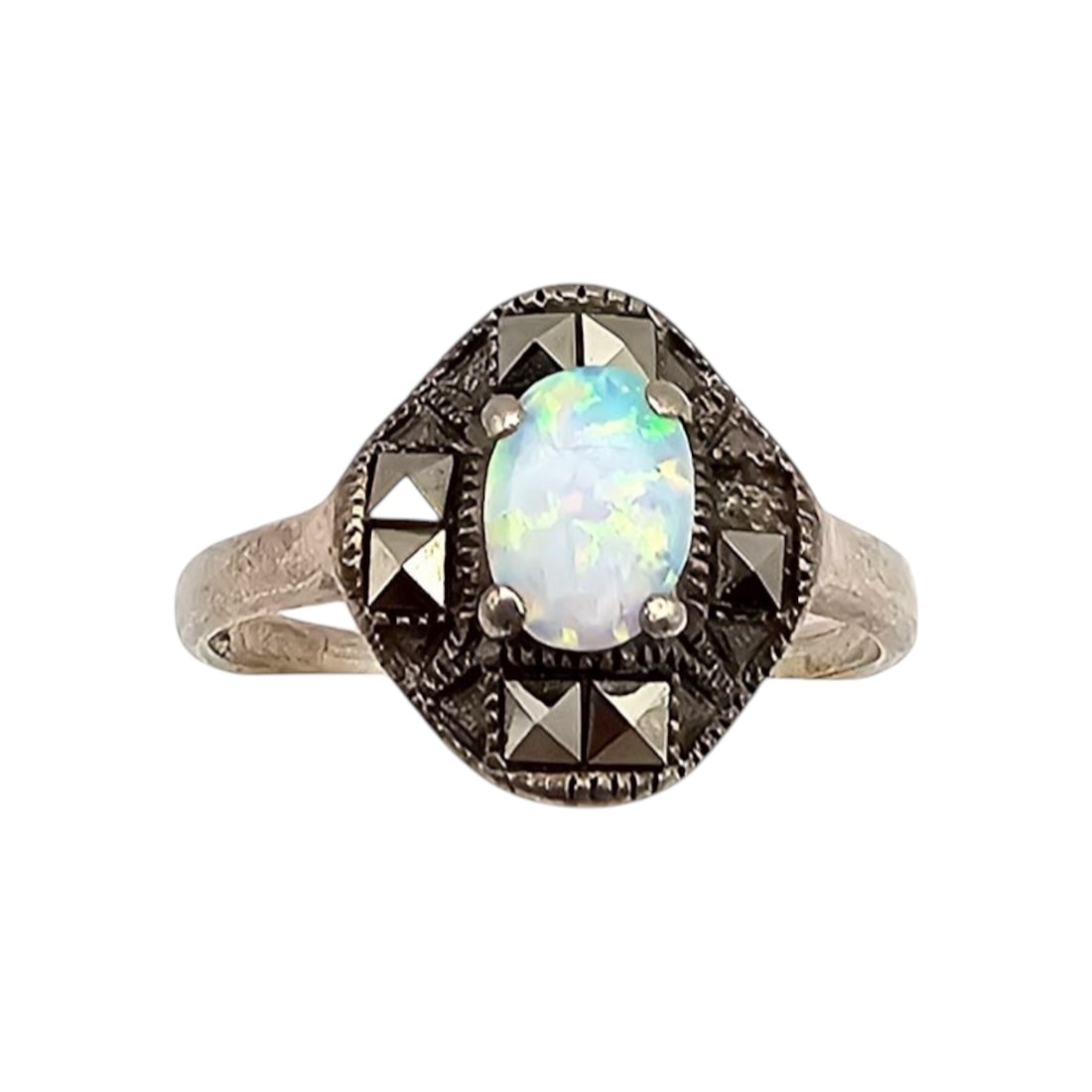 Marcasite Opal Sterling Silver Cocktail Ring Size 8.75 3.2 G (1 of 4)