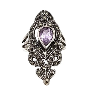 Signed Amethyst Marcasite Sterling Silver Ring Size 8.5 6.8 G
