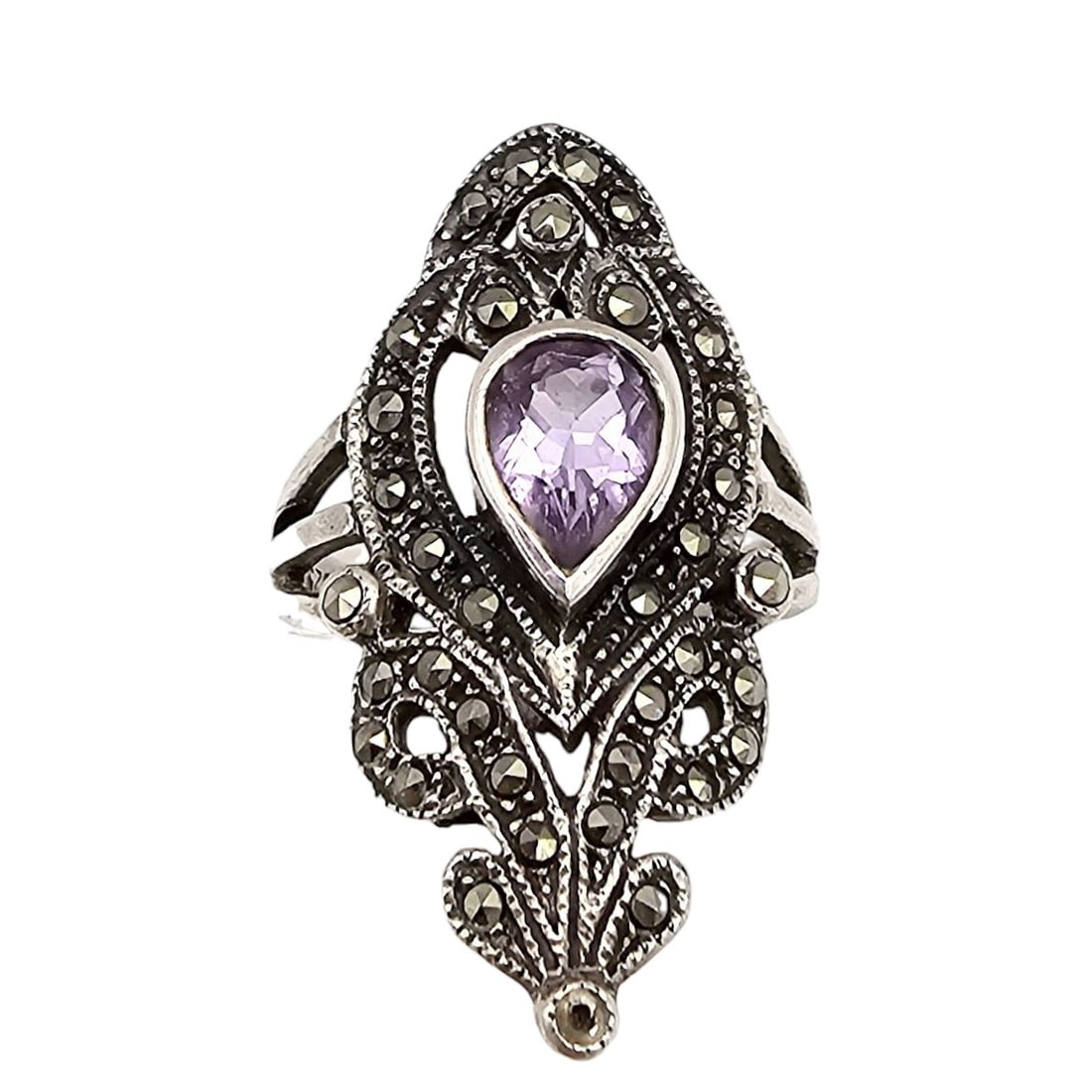 Signed Amethyst Marcasite Sterling Silver Ring Size 8.5 6.8 G (1 of 4)