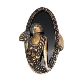 Onyx Marcasite Gold Over Sterling Silver 20' Style Ring Size 8.5 11.5 G