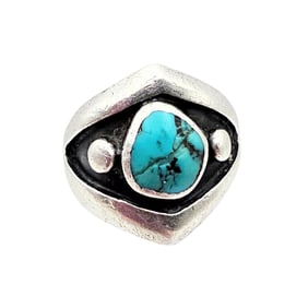 Southwestern Turquoise Sterling Silver Shadow Box Ring Size 7.5 8.7 G