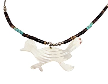 Native Heishi Shell Turquoise Mother Of Pearl Sterling Silver Liquid Silver Roadrunner Necklace 7.1