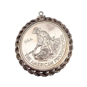 Vintage 1987 USA 999 Fine Silver 1 Troy Ounce Coin The American Prospector Pendant 38.4 G