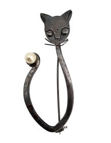 Pearl Sterling Silver Cat Brooch 6 G