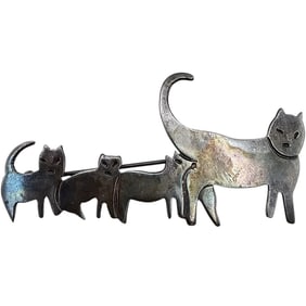Mexico TC-138 Sterling Silver Mama Cat Kittens Brooch 12.5 G
