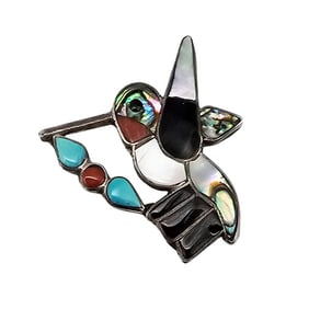 Zuni Coral Turquoise Onyx Abalone Sterling Silver Hummingbird Brooch 3 G