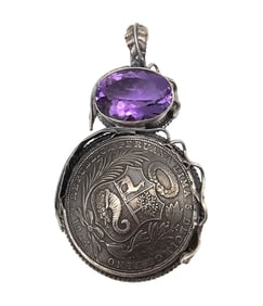 Amethyst Sterling Silver 1924 Peruvian Sol Coin Republic Peruvian Lima Pendant 44.1 G