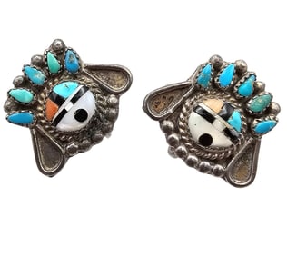 Zuni Coral Turquoise Onyx Mother Of Pearl Sterling Silver Sunface Earrings 5.3 G