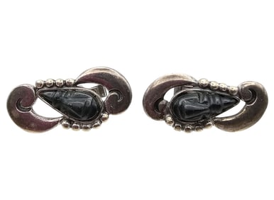 Signed Taxco Sterling Silver Onyx Carved Face Cufflinks 22 G