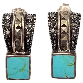 Marcasite Turquoise Sterling Silver Drop Dangle Earrings 4.4 G