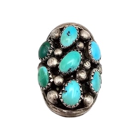 Signed Coy Turquoise Cluster Sterling Silver Ring Size 6.25 8.5 G