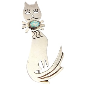 A Opal Sterling Silver Cat Brooch 8.3 G