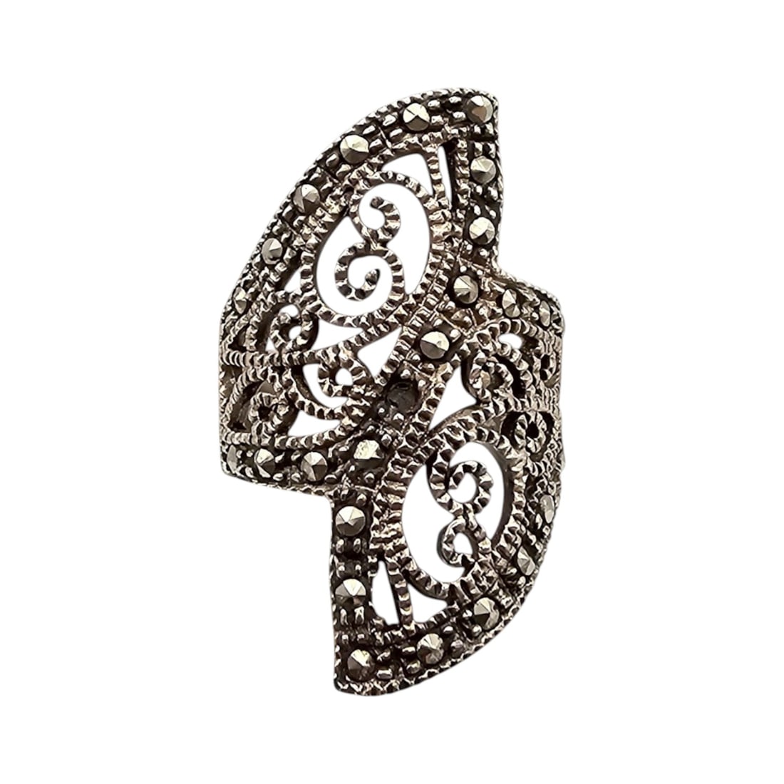 Marcasite Sterling Silver Cocktail Ring Size 5 6.5 G: Marcasite Sterling Silver Cocktail Ring Size 5 6.5 G as is missing stone
