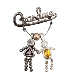 Rhinestone Sterling Silver Grandma Pin With Charms 8.9 G