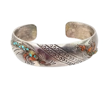 Vintage Signed Native Southwestern Turquoise Coral Cuff Bracelet 30 G