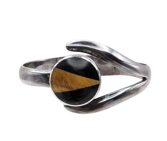 Mexico TL-63 Onyx Tigers Eye Sterling Silver Hinge Bangle Bracelet 50.9 G