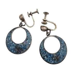 Mexico Crushed Turquoise Sterling Silver Drop Dangle Earrings 6.2 G