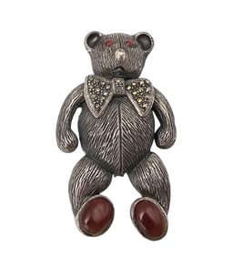 Marcasite Carnelian Sterling Silver Teddy Bear Brooch 26 G