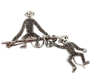 Marcasite Sterling Silver Monkey Brooch 8.1 G