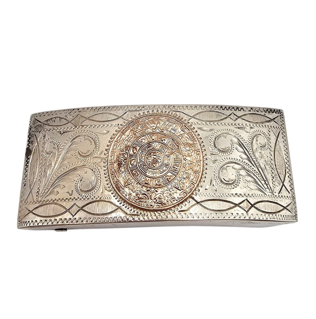 Signed 10K Gold Sterling Silver Aztec/Mayan Style Belt Buckle 50.6 G: Signed 10K Gold Sterling Silver Aztec/Mayan Style Belt Buckle 50.6 G
