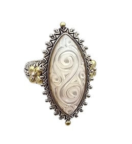 Bixby Mother Of Pearl Carved 18K Gold Sterling Silver Ring Size 6.75 12.9 G